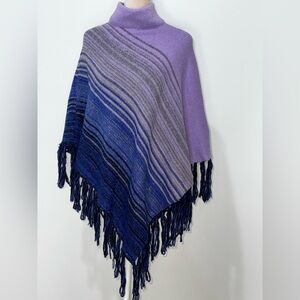 NEW Purple Lilac Metallic Stripes High Neck Fringe-Trim Poncho